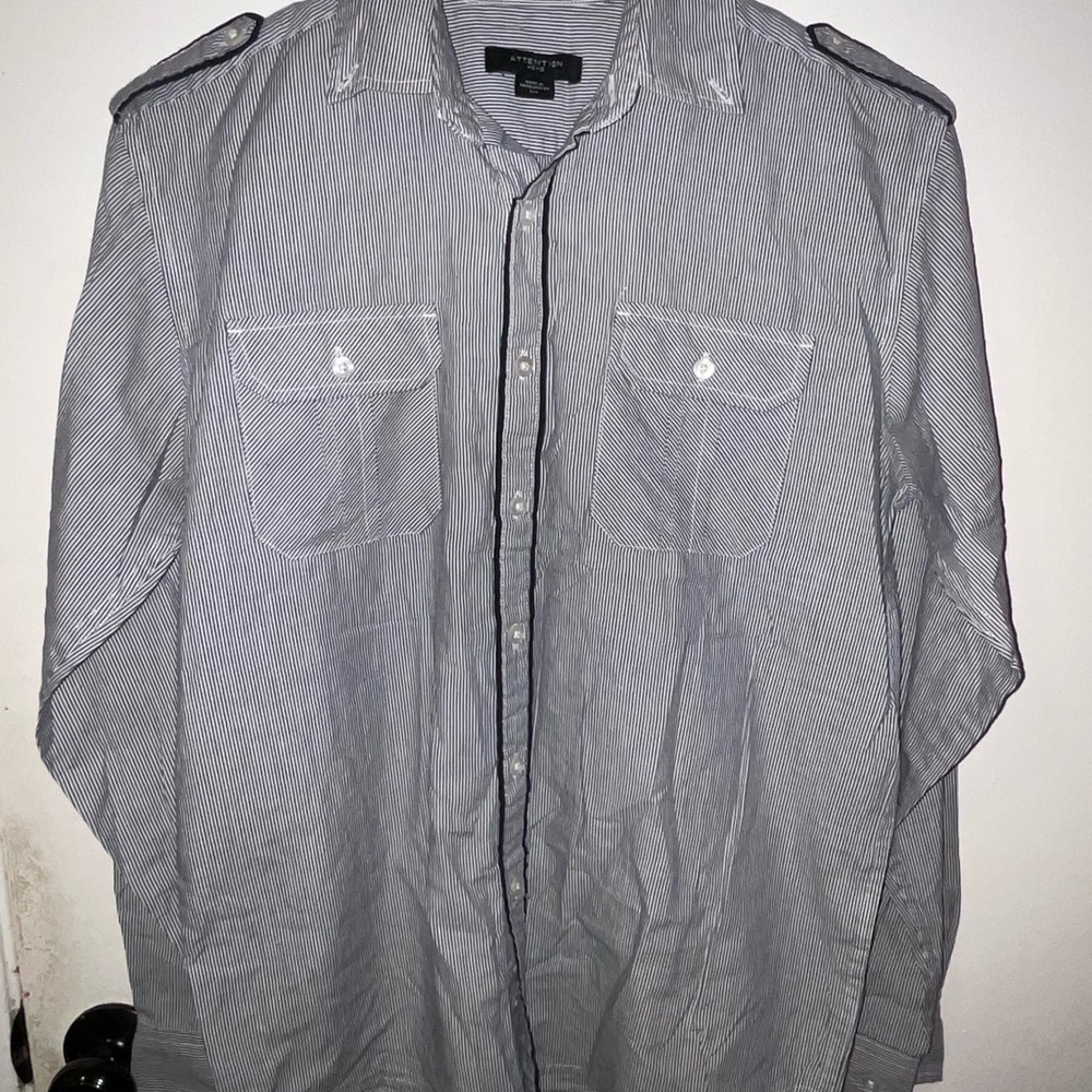 Attention Men's Black and White Striped Button Down business causal Shirt size S